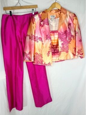 Bob Mackie Boutique 3 Pc Beaded Lace Occasion Suit Jacket Cami Silk Pants Sz 10